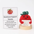 Handmade crochet positive tomato doll on wooden base with emotional support message - Mini Tomato with Emotional Support Card