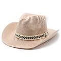 Detail eines khakifarbenen Stroh-Cowboyhuts mit schwarz-weißem Schachbrettband und Fransen - M (56-58cm) / Rosa