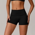 Black high-waisted quick-dry yoga shorts featuring a recycled elastic fold-over waistband - S / Premium Black