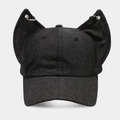 Black washed denim baseball cap featuring unique 3D pointy ears and silver metal rings - Adjustable / Black