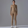 Women's two-piece yoga set with long sleeve crop top and high waist leggings in camel - S / Cocoa