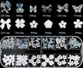 Macro view of Aurora nail art charms including 3D bears and flowers with size details - Aurora Butterfly White Flower Bear Set (No. 5)
