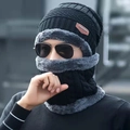 Men winter knitted hat and neck warmer set with thick fleece lining in dark grey and black - Fleece Set / Black