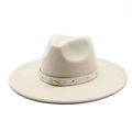 Elegant white wool felt wide brim fedora hat with gold studded band for women - M(56-58cm) / Beige