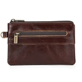 Detail of vintage dark brown crazy horse leather wallet with zippers and brass hardware - Oil Wax Leather Coffee