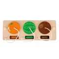 Wooden fruit threading puzzle for busy board with orange, watermelon and kiwi shapes - Fruit Matching Board