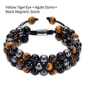 Detail of 8mm tiger eye, black agate and hematite beads in triple-layer woven bracelet - Yellow Tiger Eye Agate (Triple Layer)
