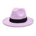 Lavender wool jazz fedora hat featuring a wide black ribbon band on a white background - M (56-58cm) / Taro Purple