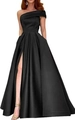Robe de soirée élégante en satin noir à une épaule avec fente haute et poches - S / Noir