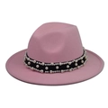 Detail of pink fedora wool hat showing black ribbon with elegant faux pearl embellishments - Pink Fedora with Pearl Chain