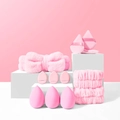 Pink coral fleece headband and makeup sponge set with mini puffs on white geometric stand - Pink 12-Piece Set