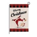 Christmas garden flag with red plaid border and Santa print on linen fabric - Style ZQ008-15 (Upside Santa)