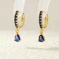 Golden drop earrings with navy blue pear-cut zircons and pavé hoops in chic French style - Dark Blue