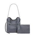 Grey woven PU leather tote bag set with matching wristlet pouch on white background - Gray