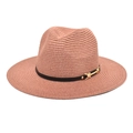 Close-up of wide brim straw hat featuring detailed weave and black band with gold buckle - M (56-58cm) / Dusty Pink