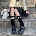 Japanese JK style black knitted leg warmers with white stripes and platform shoes - Black & White Stripes