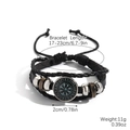Multilayer leather bracelet with a vintage compass glass dome and black braided cords - Black Leather Viking Rune