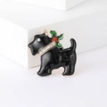 Spilla Scottish Terrier in smalto nero con foglie di agrifoglio verdi e cristalli - Nero