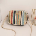 Striped woven straw crossbody bag with colorful patterns and cream PU shoulder strap - Green