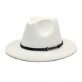 Detailed close-up of a white wool jazz fedora hat featuring a black leather belt buckle - M (56-58cm) / White