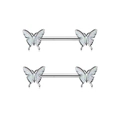 Pair of stainless steel nipple rings featuring butterfly design with white glitter inlay - White Butterfly Pair