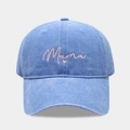 Close-up of pink Mama embroidery on washed blue denim baseball cap showing fabric texture - Adjustable / MAMA / Light Blue