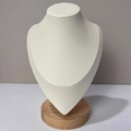 Detail of necklace display bust with cream faux leather finish and solid wood base - Leatherette / Medium / Beige
