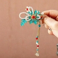 Handheld vintage Chinese style hair clip with turquoise enamel floral design and gold tassels - F0354 Style 5