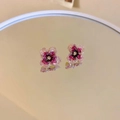 Detailed mirror view of pink and purple floral stud earrings with gold accents - Red Flower Stud Earrings (32#)