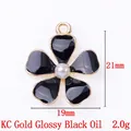 Black enamel flower charm with white pearl center and KC gold plating, 21x19mm size - 13829-KC Gold-Glossy Black Enamel Pearl Flower