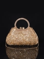 Detail of luxury gold evening bag with champagne rhinestones and round handle - 22x12 Handheld Champagne
