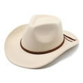 Chapeau de cowboy classique en feutre de laine beige avec bande tressée et pompon - M (56-58cm) / Poche zippée