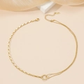 Gold stainless steel asymmetric necklace with bead chains and rectangular links - Gold Necklace