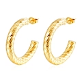 Detailed view of gold stainless steel hoop earrings featuring unique textured patterns - Glitter Diagonal Stripe Hollow C-Shaped Gold (MS-527E)