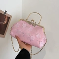 Pink sequin evening clutch bag with floral embroidery and gold metal handle - Pink