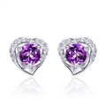 Silver heart earrings with purple center stone and zircon accents on white background - My Favorite Purple Diamond Led-26