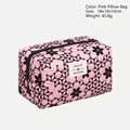Pink quilted makeup bag with black floral pattern and zipper, size 18x10x10cm - Pillow Bag / Pink