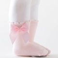 Pink toddler cotton socks with large bow and lace trim in elegant Lolita style - Peach Pink
