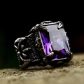 Gothic vintage stainless steel ring for men featuring a square purple gemstone centerpiece - Violet Gem