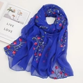 Blue chiffon floral embroidered long scarf and shawl for sun protection and fashion styling - Sapphire Blue