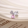 Pink heart zircon bow earring with white crystals in a silver-tone finish - Pink (Single Piece)
