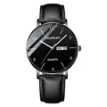 Minimalist quartz watch for men featuring a black leather strap and black calendar dial - 069 Black Leather Strap Black Case