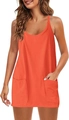 Orange sleeveless tank dress with side pockets and thin straps in a solid summer style - Orange Red