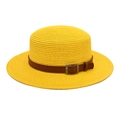 A detailed view of a vibrant yellow straw hat featuring a brown belt and buckle. - M / Yellow