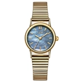 GEDI luxury gold women's watch featuring a vibrant blue mother of pearl small round dial - Deep Sea Black Pearl