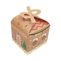 Detail view of gingerbread house shaped Christmas gift box with handle and festive patterns - Gingerbread House Shape