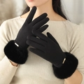 Women's winter black thermal knit gloves with plush faux fur trim and gold metal accent - Black [Knitted Upgrade]