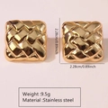 Detail view of gold woven square earrings with 2.28cm dimensions and stainless steel material - Stainless Steel Woven Square Studs