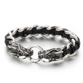 Men's punk leather bracelet with polished steel dragon heads and woven black cord - Style A Black Leather Silver