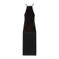 Elegant dark velvet halter midi dress with thin straps and long fringe hemline - XS / Coffee